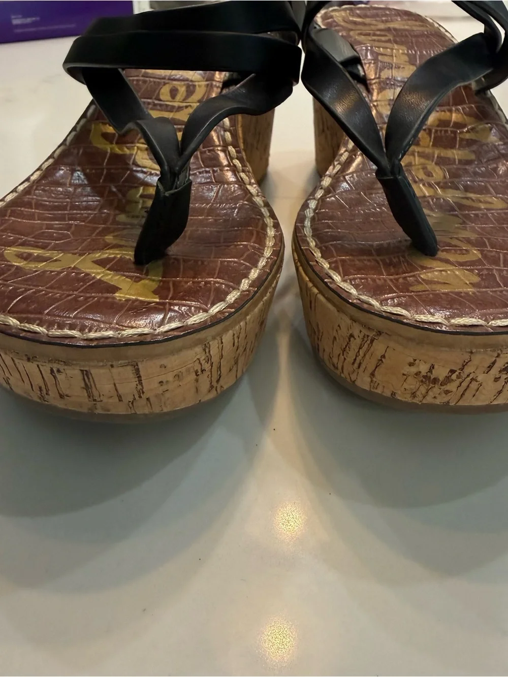 Sam Edelman Womens Rasha Black Leather Strappy Cork Platform Wedge Sandals 8.5